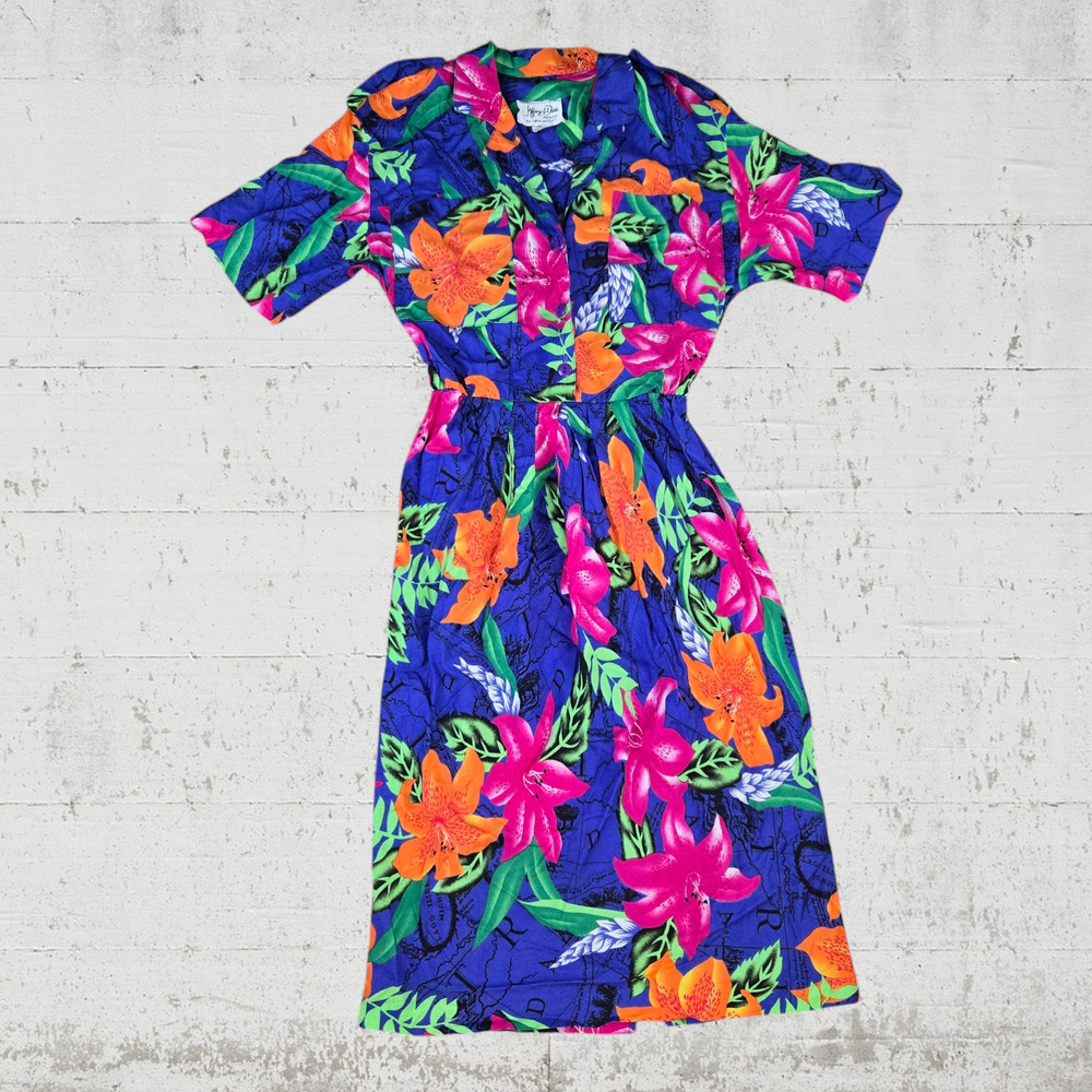 70s Vintage Blue Tropical Floral Island Midi Blouson Dress USA Made Size 6 - Picture 2 of 12
